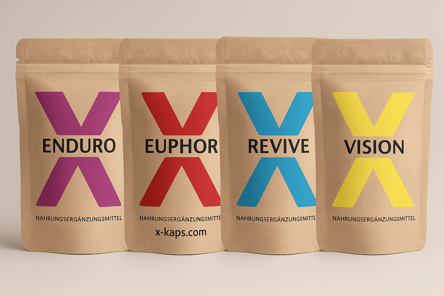 X-Kaps Starter Pack kaufen – Selbstentdeckung mit vier Nahrungsergänzungskapseln: EnduroX, EuphorX, ReviveX und VisionX in farbigen Beuteln.