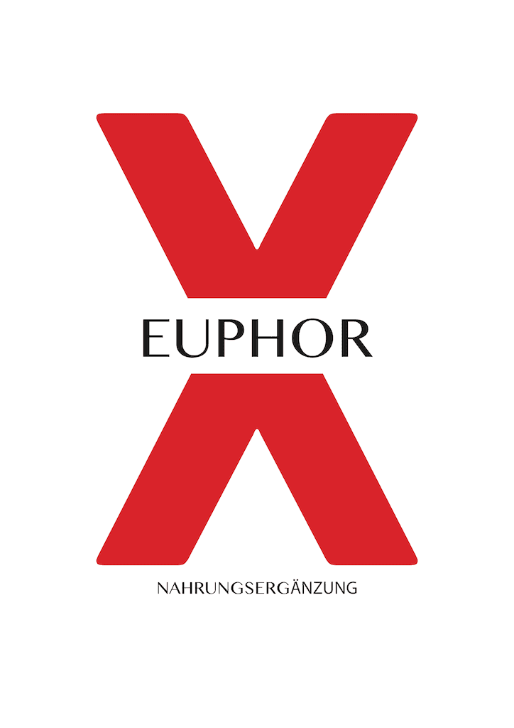 EuphoriX Logo mit großem roten X und schwarzem Schriftzug, Nahrungsergänzung für natürliche Euphorie im Bereich Food, Beverages & Tobacco
